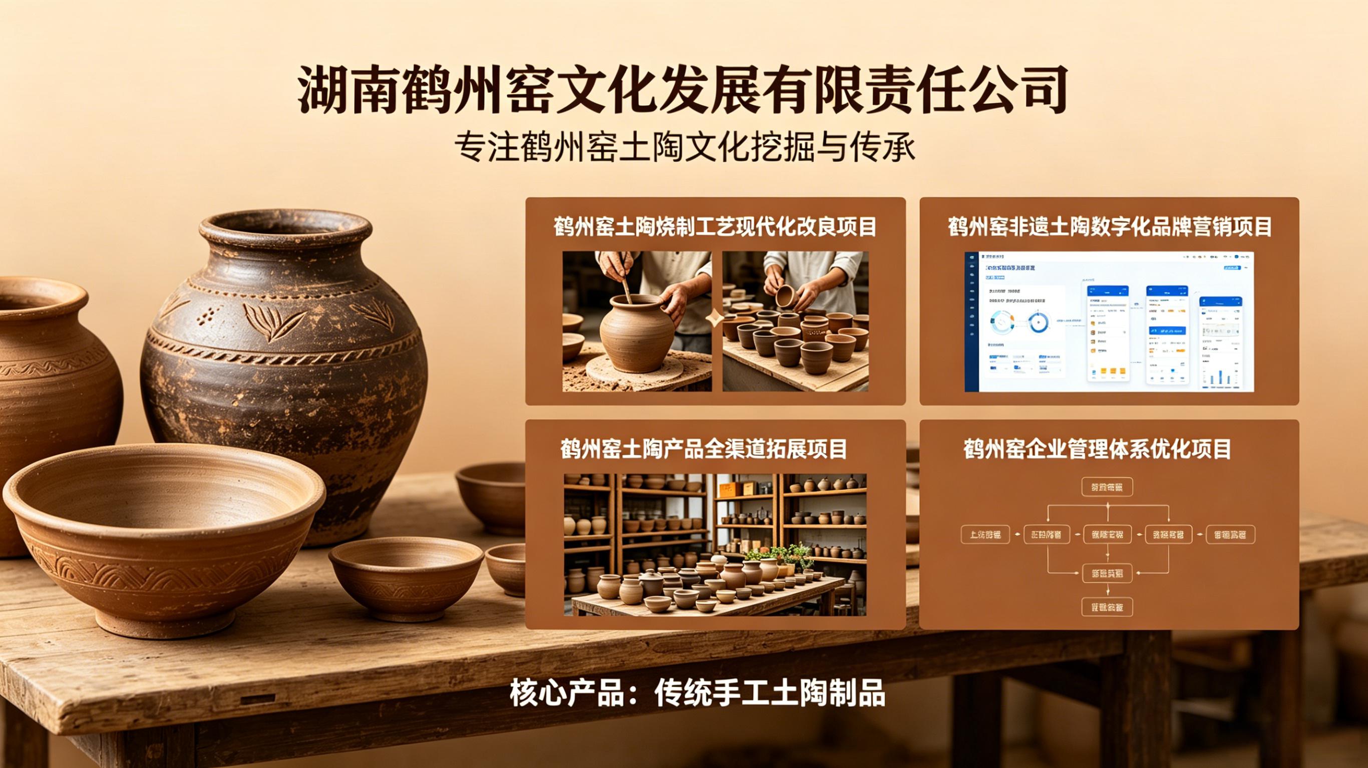 a.“鹤州窑”土陶烧制工艺现代化改良项目;b.“鹤州窑”非遗土陶数字化品牌营销项目;c.“鹤州窑”土陶产品全渠道拓展项目;d.“鹤州窑”企业管理体系优化项目;